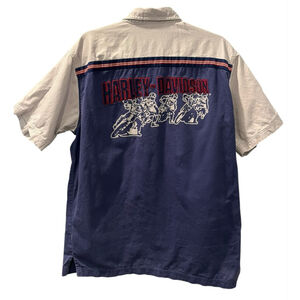 Vintage 90's Harley Davidson Racing Mechanic Style Button Down Shirt Size L